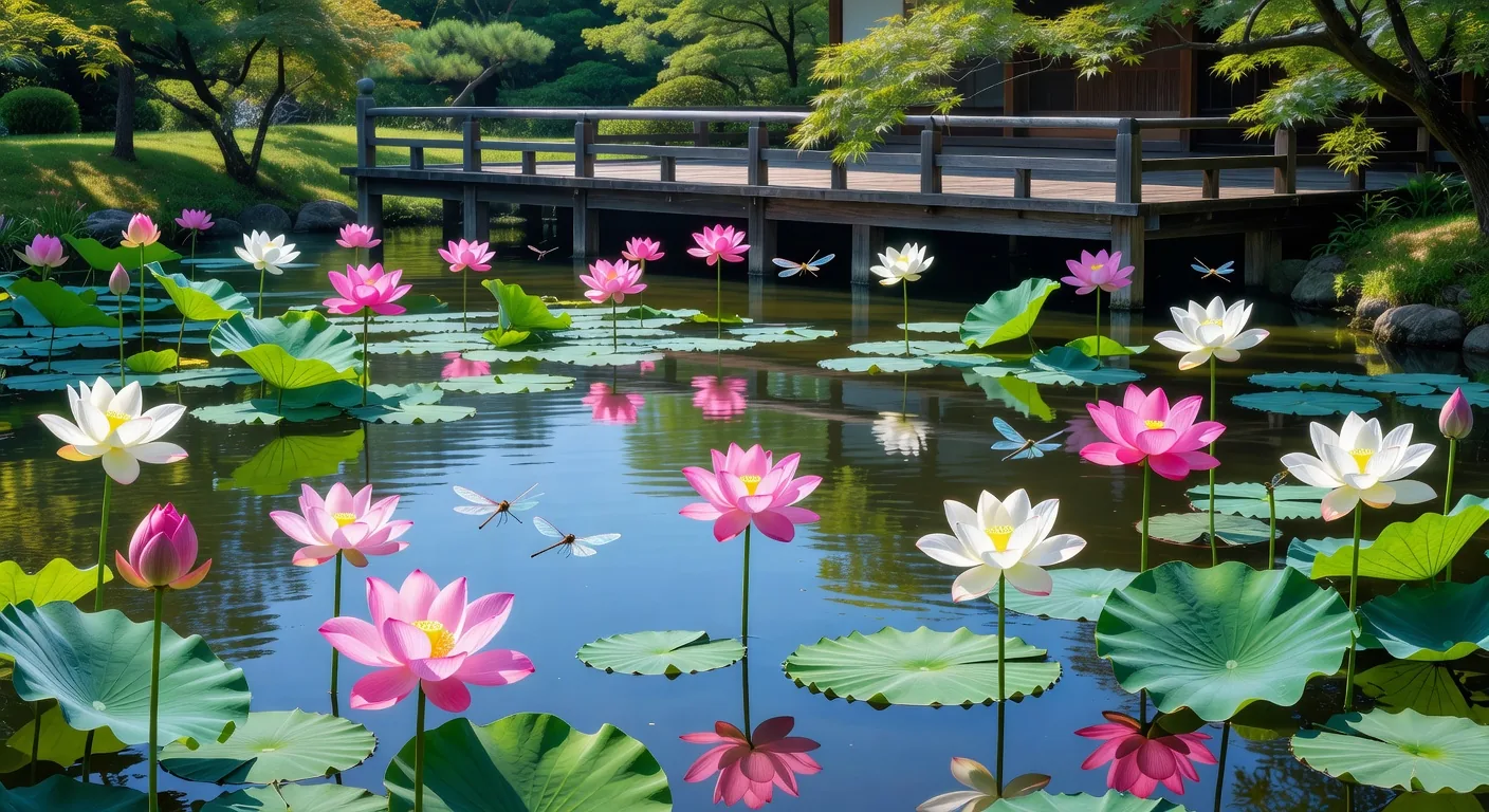 Lotus flowers blooming on a tranquil summer pond in Japan