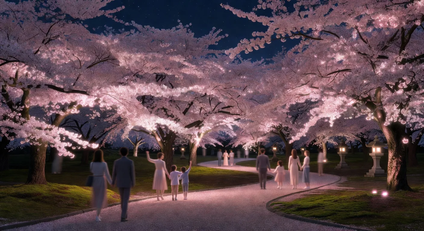 Cherry blossoms illuminated against the night sky, glowing pale gold in warm light