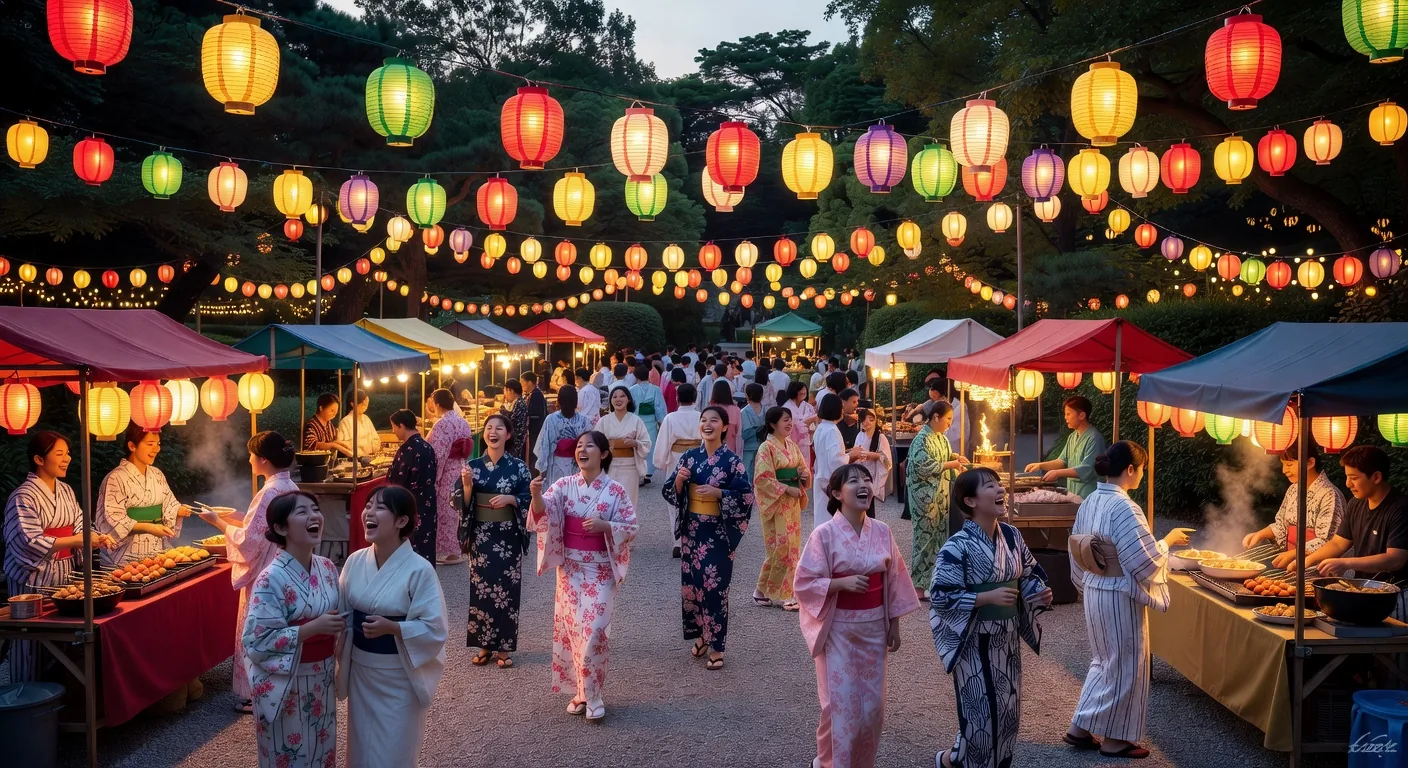 Glowing lanterns strung between trees at a summer park festival in Japan