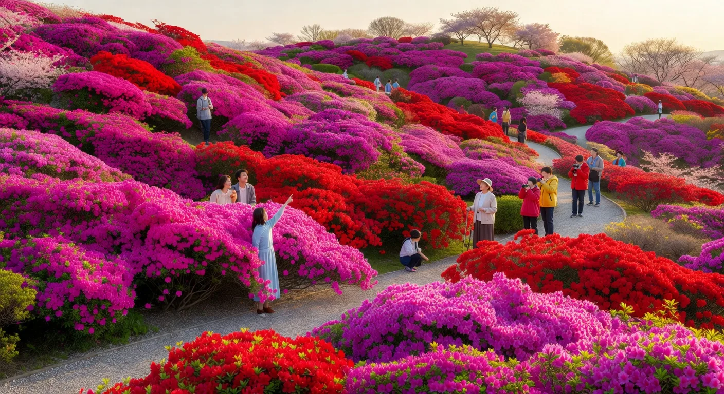 Vivid pink and purple azalea bushes in full bloom at Nezu Shrine, Tokyo