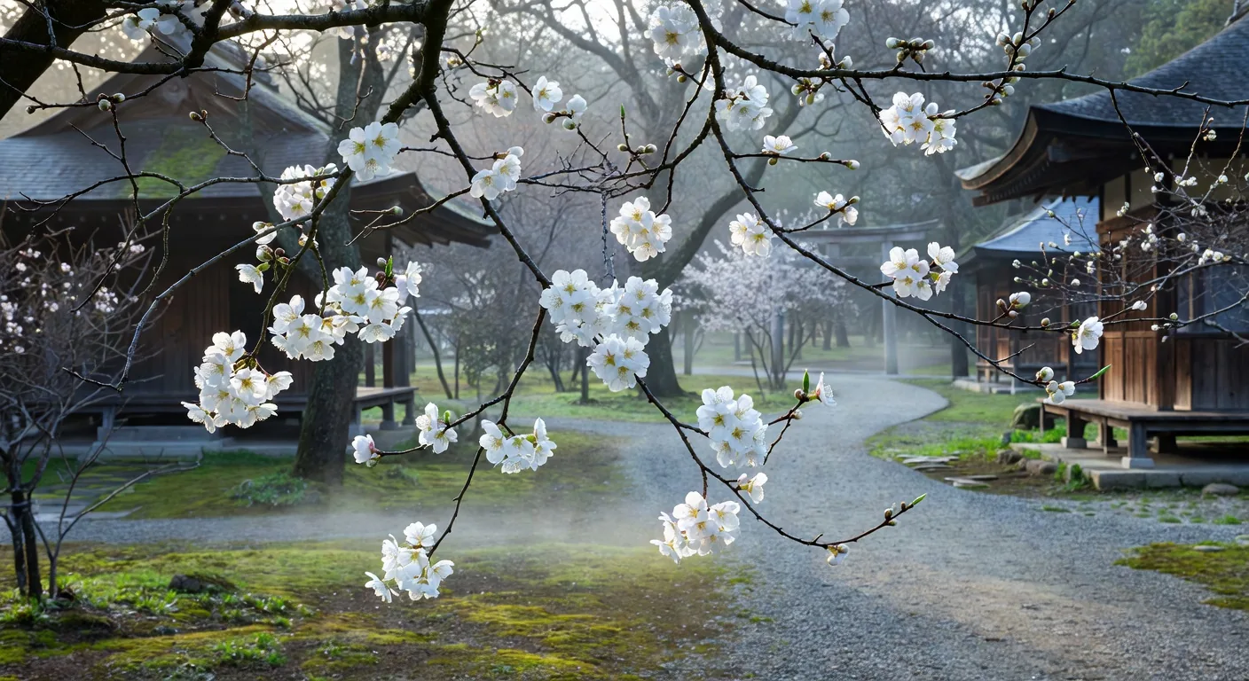 White plum blossoms against a clear sky in early spring