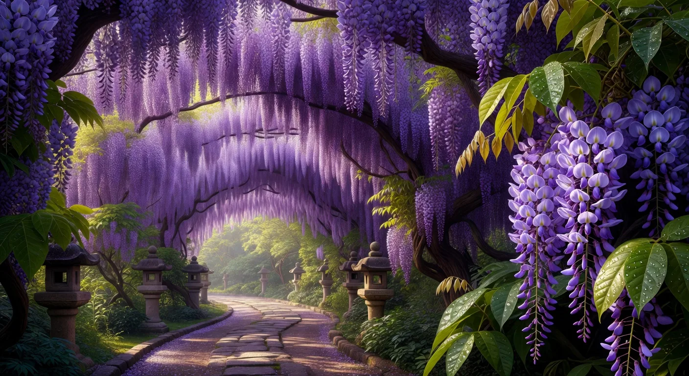 A breathtaking tunnel of cascading wisteria blossoms in purple and lilac